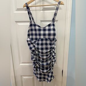 White and blue checkered one piece swimsuit ties in back